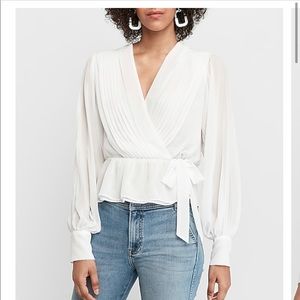 Express Pleated Wrap Front Side Tie Peplum Top